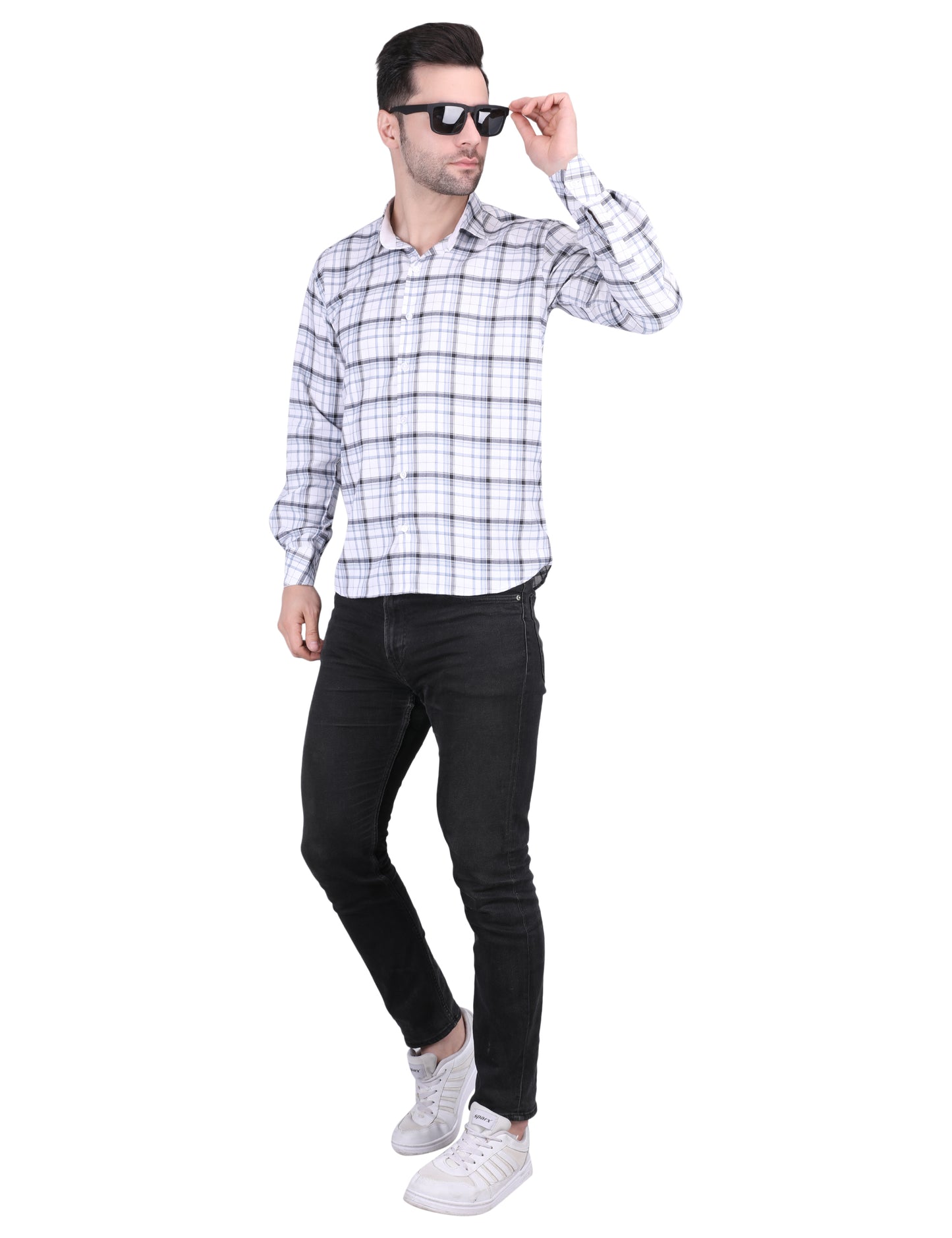 Kouns Premium White Checked Cotton Shirt – Regular Fit, Comfortable Casual Style
