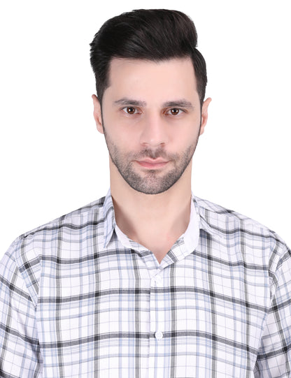 Kouns Premium White Checked Cotton Shirt – Regular Fit, Comfortable Casual Style