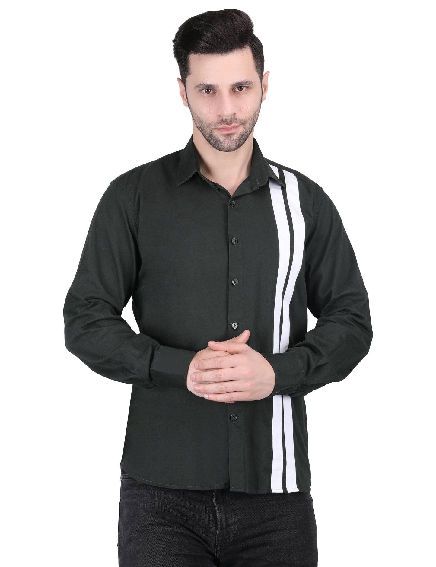 Kouns Men's Bottle Green & White Striped Shirt