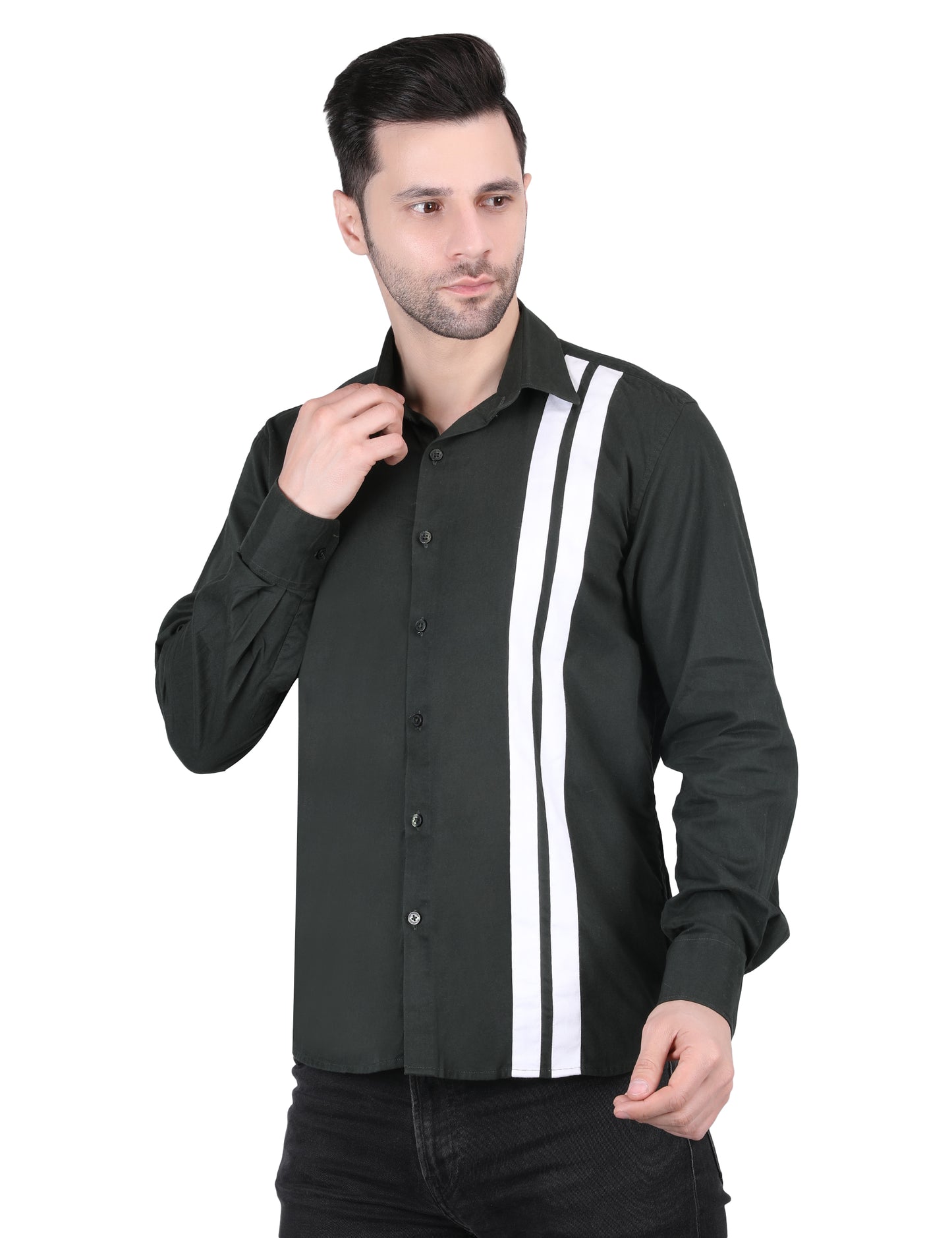 Kouns Men's Bottle Green & White Striped Shirt