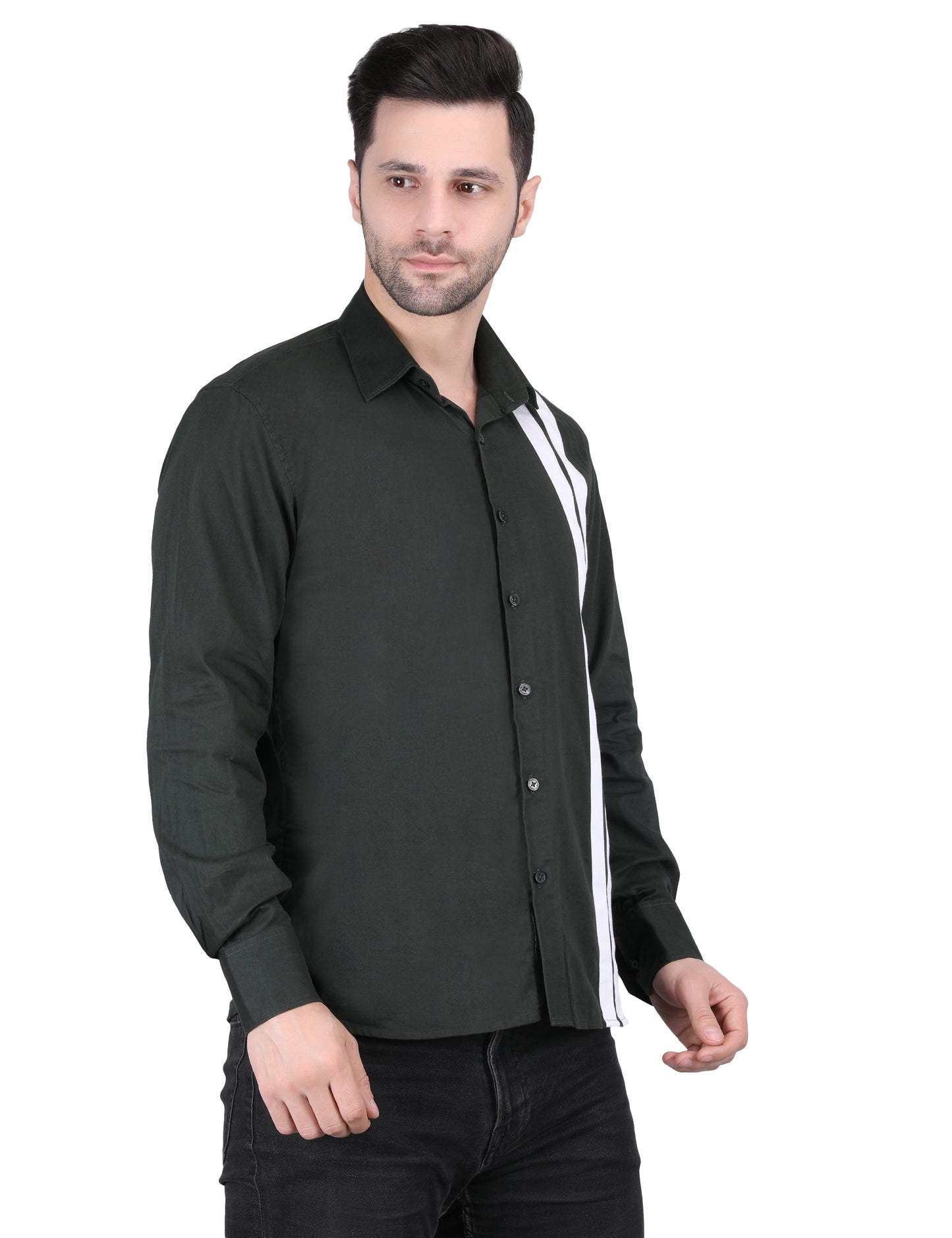 Kouns Men's Bottle Green & White Striped Shirt