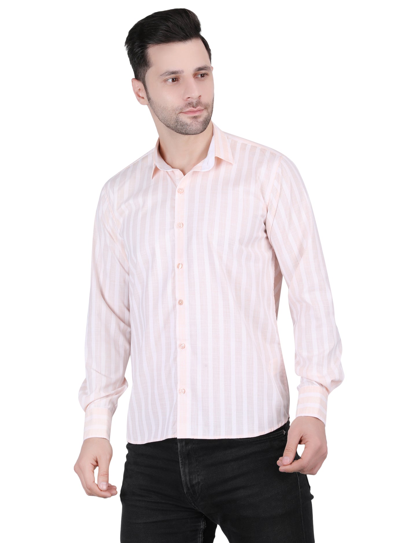 Kouns Men’s Regular Fit Light Orange Striped Linen Shirt – Premium Lightweight Casual & Formal Wear