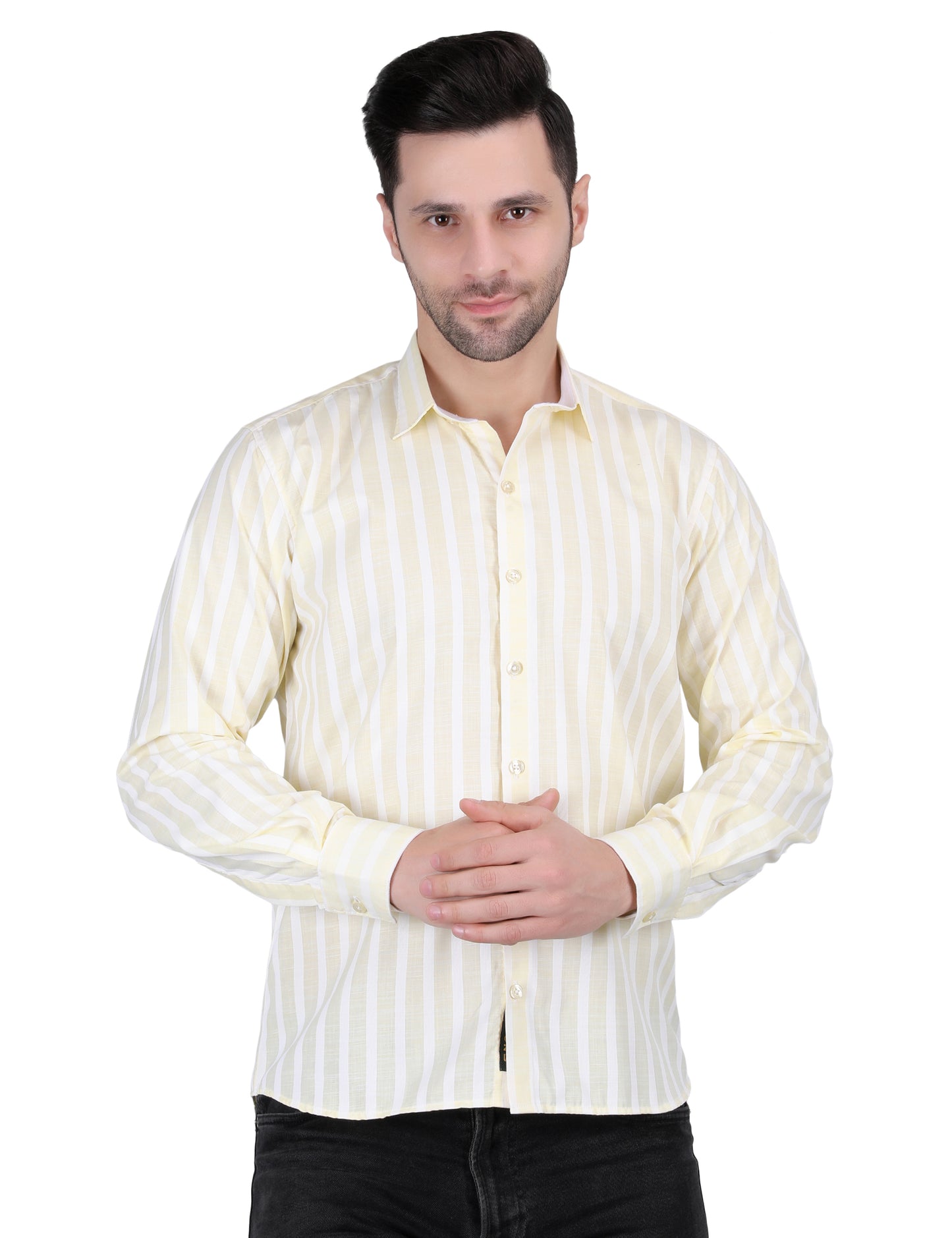 Kouns Men’s Regular Fit Light Yellow Striped Linen Shirt – Premium Lightweight Casual & Formal Wear