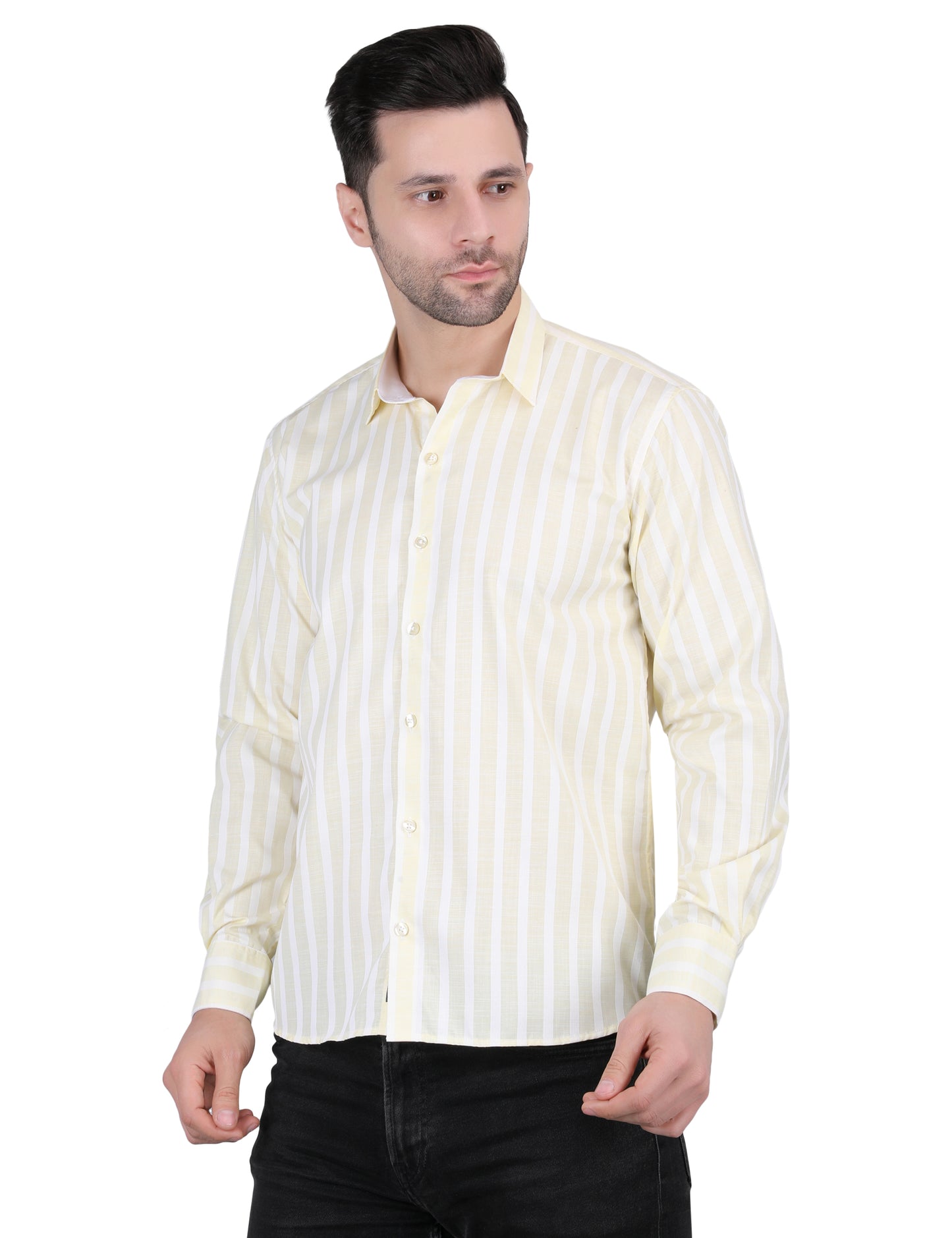 Kouns Men’s Regular Fit Light Yellow Striped Linen Shirt – Premium Lightweight Casual & Formal Wear