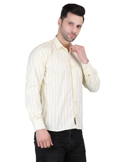Kouns Men’s Regular Fit Light Yellow Striped Linen Shirt – Premium Lightweight Casual & Formal Wear
