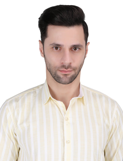 Kouns Men’s Regular Fit Light Yellow Striped Linen Shirt – Premium Lightweight Casual & Formal Wear