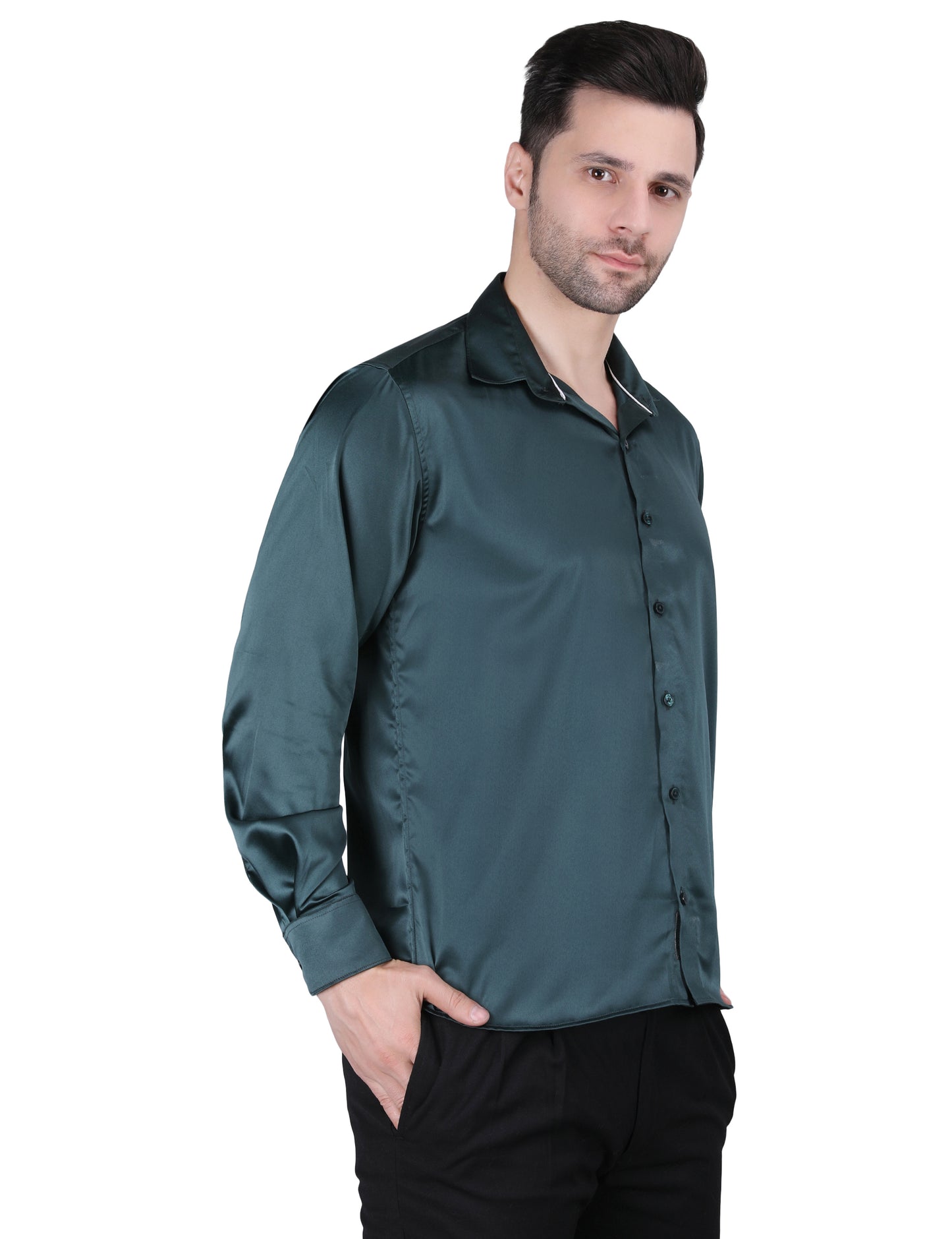 Kouns Men's Bottle Green Satin Shirt