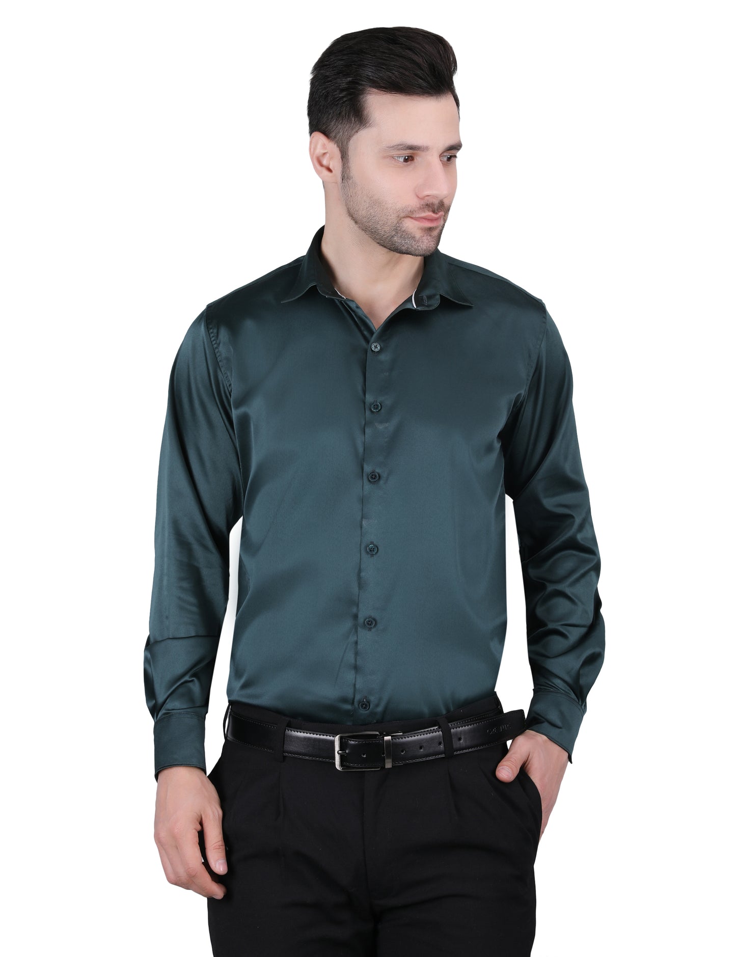 Kouns Men's Bottle Green Satin Shirt