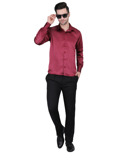 Kouns Men’s Premium Maroon Satin Shirt –Regular Fit, Stylish and Shiny Finish for Party & Casual Wear