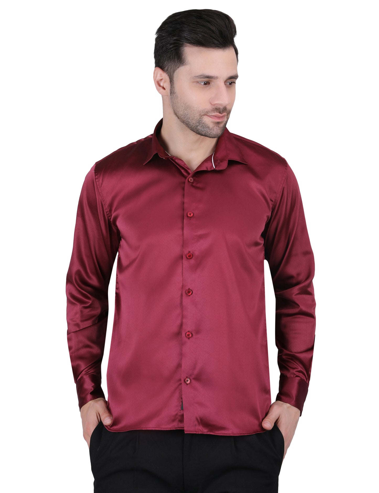 Kouns Men’s Premium Maroon Satin Shirt –Regular Fit, Stylish and Shiny Finish for Party & Casual Wear