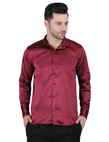 Kouns Men’s Premium Maroon Satin Shirt –Regular Fit, Stylish and Shiny Finish for Party & Casual Wear