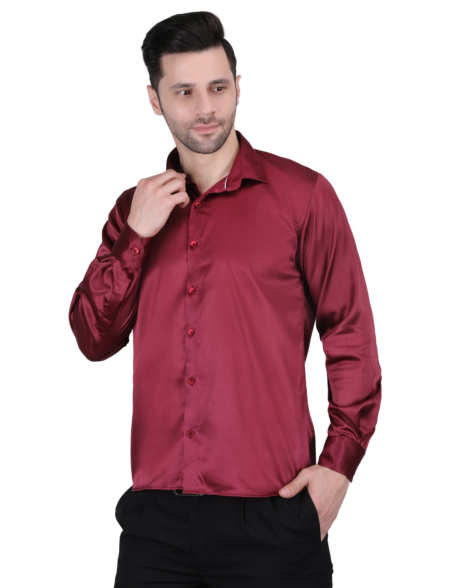 Kouns Men’s Premium Maroon Satin Shirt –Regular Fit, Stylish and Shiny Finish for Party & Casual Wear