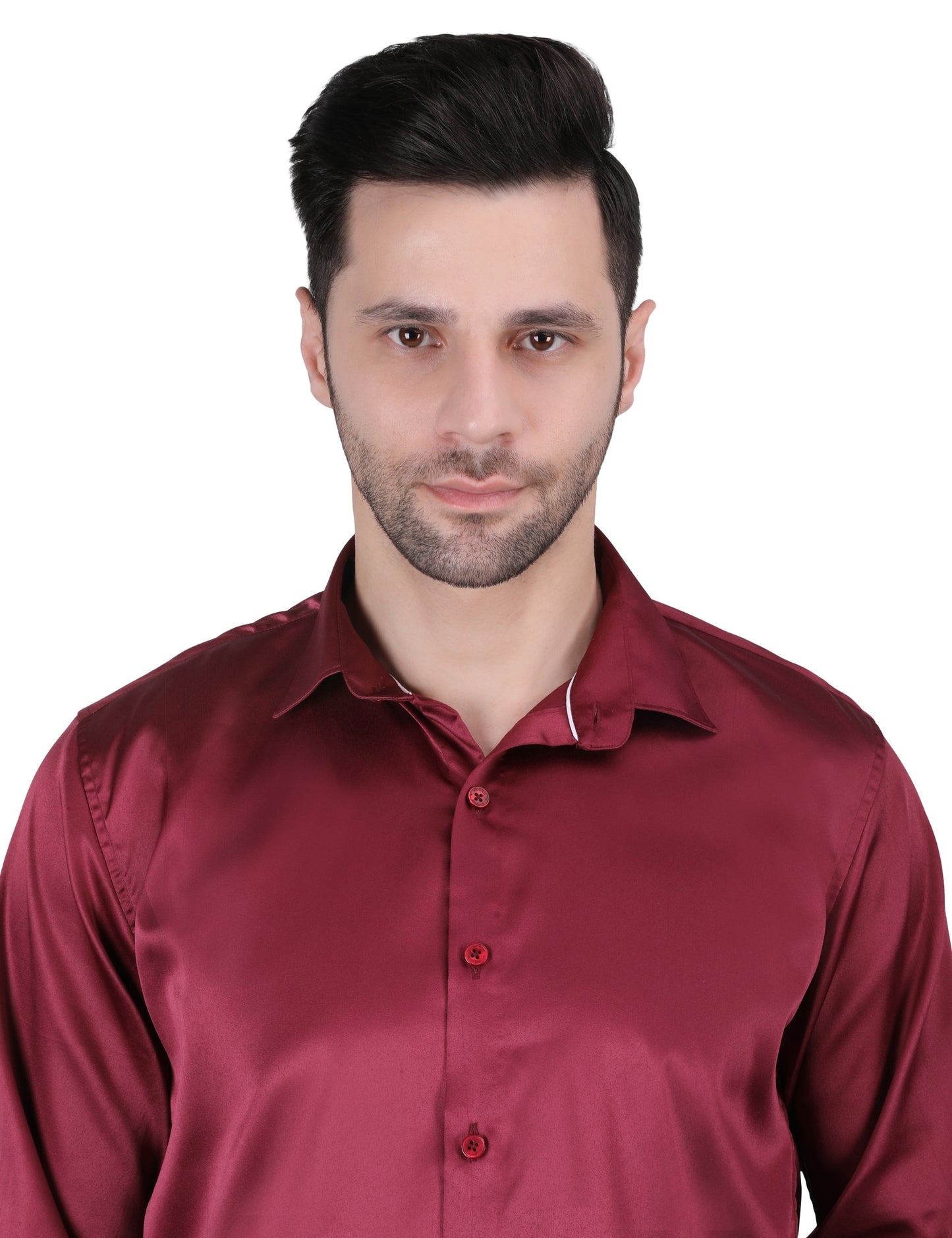 Kouns Men’s Premium Maroon Satin Shirt –Regular Fit, Stylish and Shiny Finish for Party & Casual Wear