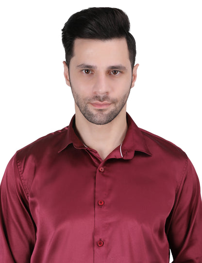 Kouns Men’s Premium Maroon Satin Shirt –Regular Fit, Stylish and Shiny Finish for Party & Casual Wear