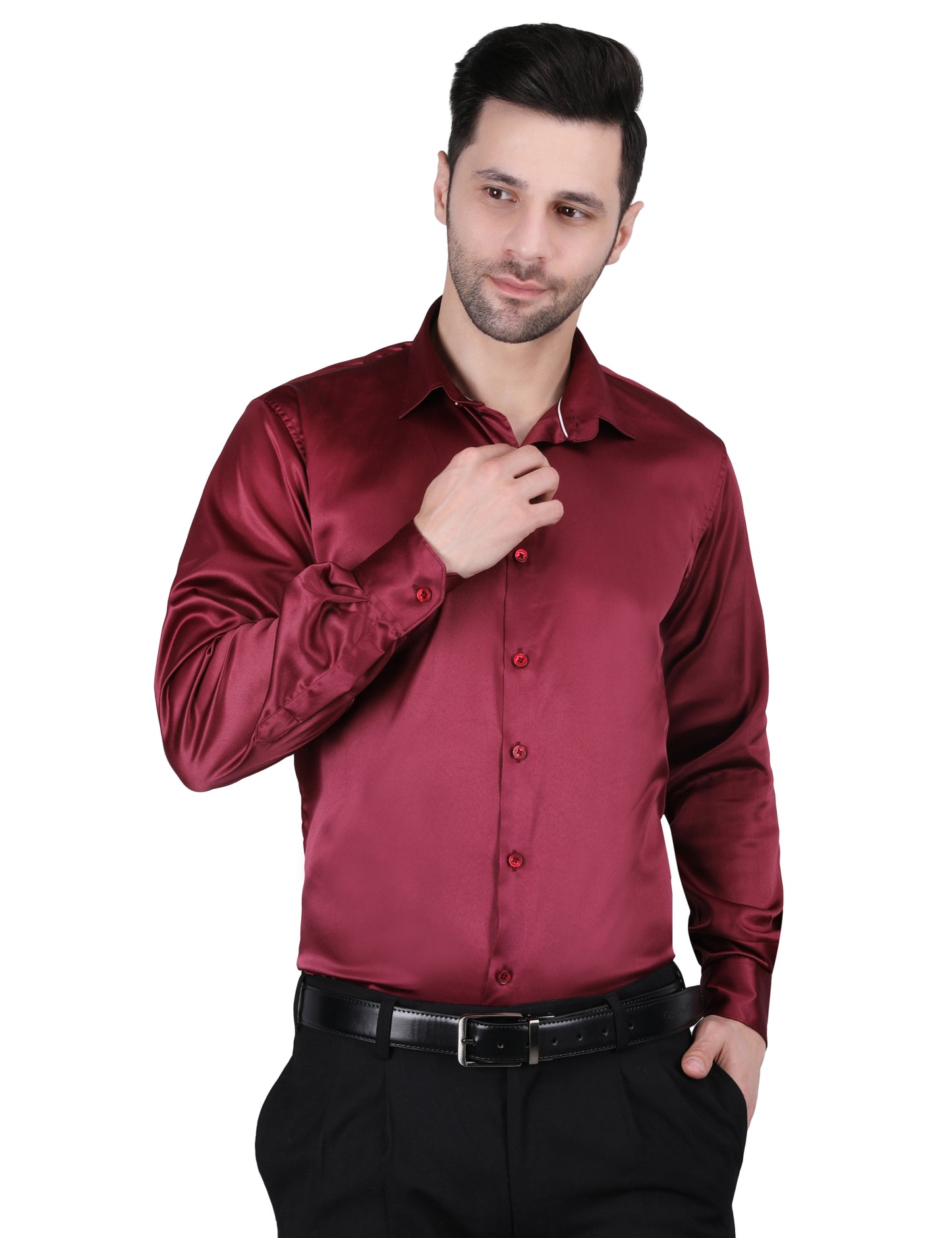 Kouns Men’s Premium Maroon Satin Shirt –Regular Fit, Stylish and Shiny Finish for Party & Casual Wear