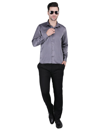 Kouns Men’s Premium Grey Satin Shirt –Regular Fit, Stylish and Shiny Finish for Party & Casual Wear