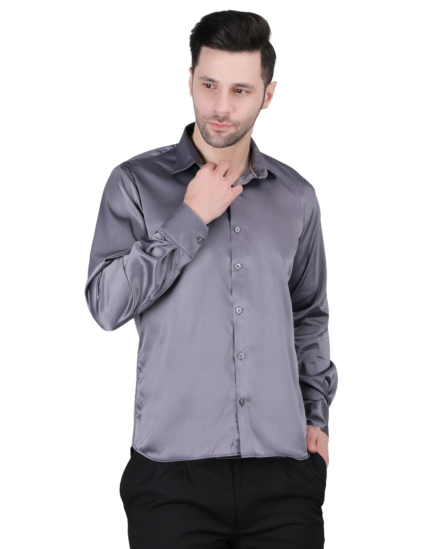 Kouns Men’s Premium Grey Satin Shirt –Regular Fit, Stylish and Shiny Finish for Party & Casual Wear