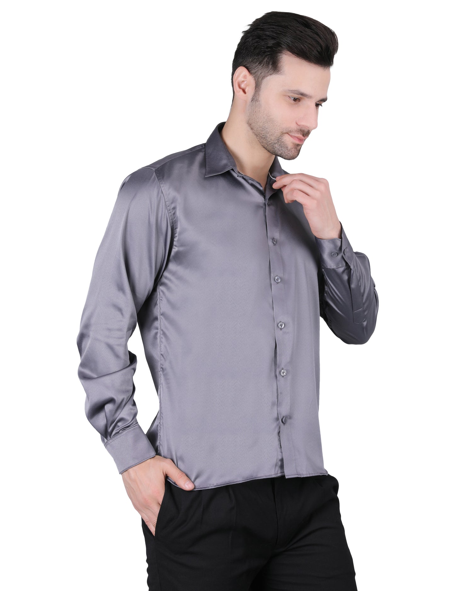 Kouns Men’s Premium Grey Satin Shirt –Regular Fit, Stylish and Shiny Finish for Party & Casual Wear