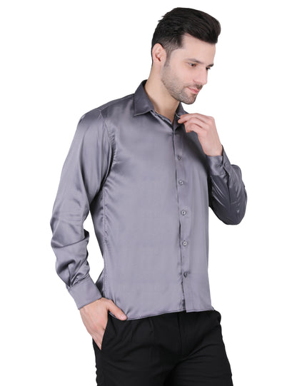Kouns Men’s Premium Grey Satin Shirt –Regular Fit, Stylish and Shiny Finish for Party & Casual Wear