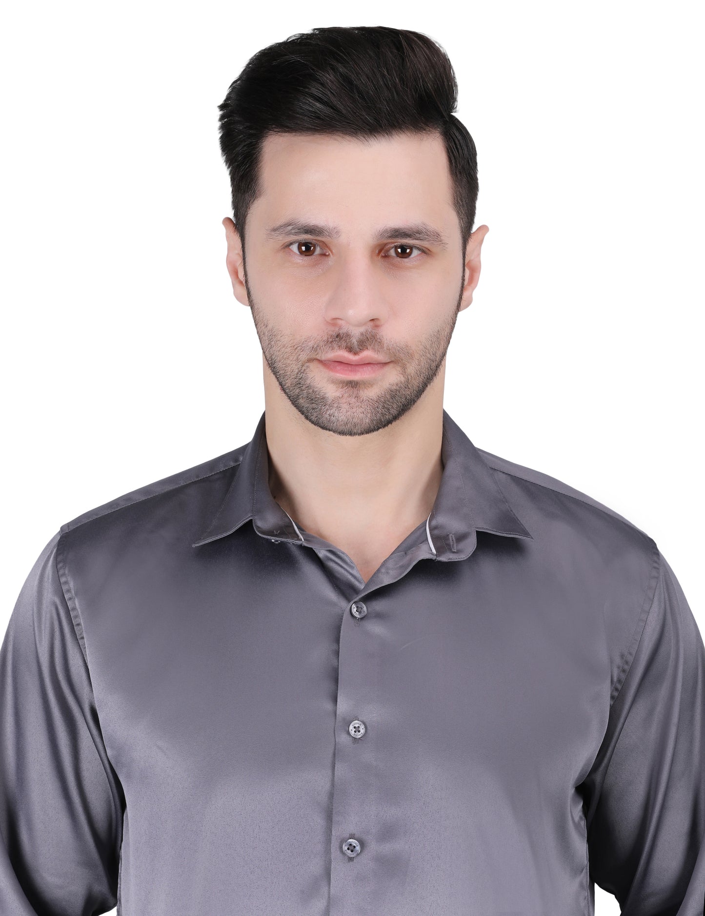 Kouns Men’s Premium Grey Satin Shirt –Regular Fit, Stylish and Shiny Finish for Party & Casual Wear