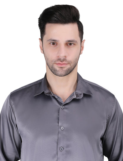 Kouns Men’s Premium Grey Satin Shirt –Regular Fit, Stylish and Shiny Finish for Party & Casual Wear