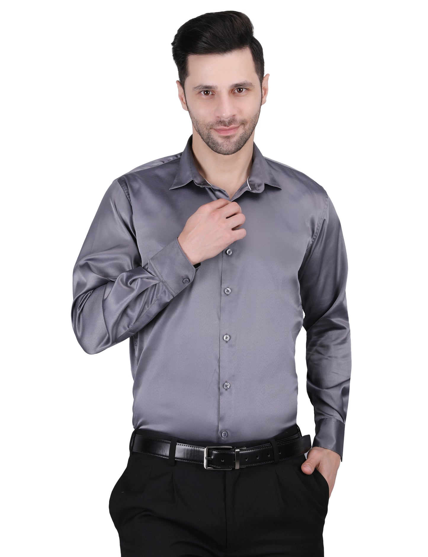 Kouns Men’s Premium Grey Satin Shirt –Regular Fit, Stylish and Shiny Finish for Party & Casual Wear