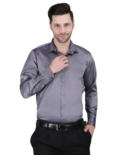 Kouns Men’s Premium Grey Satin Shirt –Regular Fit, Stylish and Shiny Finish for Party & Casual Wear