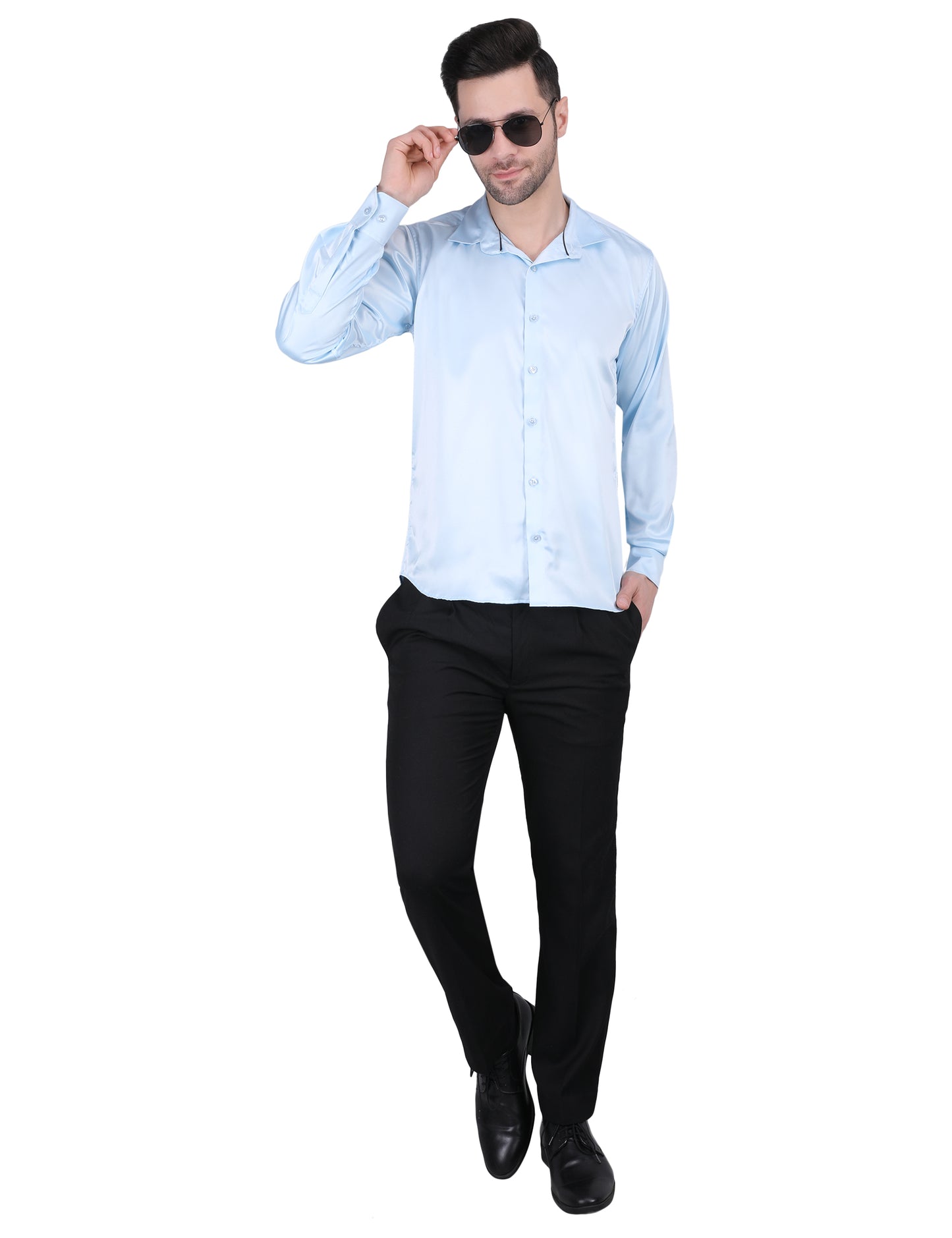 Kouns Men’s Premium Sky Blue Satin Shirt –Regular Fit, Stylish and Shiny Finish for Party & Casual Wear