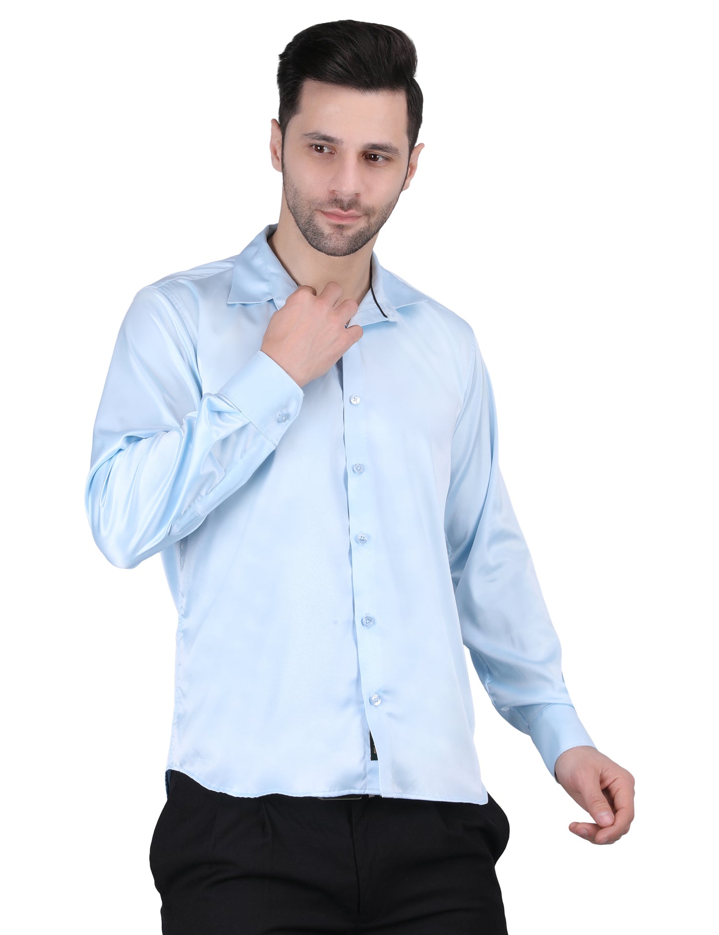 Kouns Men’s Premium Sky Blue Satin Shirt –Regular Fit, Stylish and Shiny Finish for Party & Casual Wear
