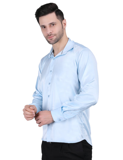 Kouns Men’s Premium Sky Blue Satin Shirt –Regular Fit, Stylish and Shiny Finish for Party & Casual Wear