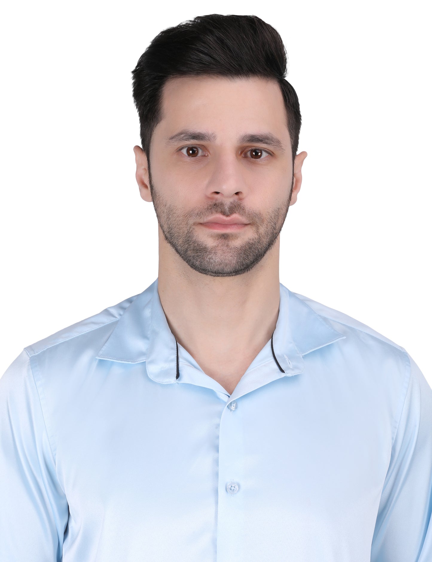 Kouns Men’s Premium Sky Blue Satin Shirt –Regular Fit, Stylish and Shiny Finish for Party & Casual Wear