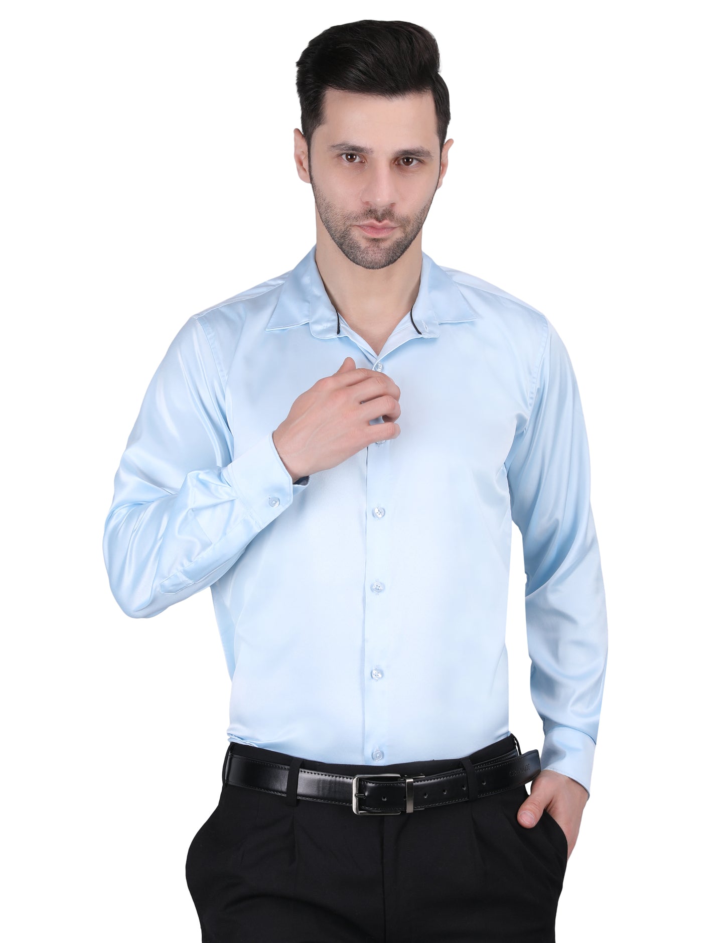 Kouns Men’s Premium Sky Blue Satin Shirt –Regular Fit, Stylish and Shiny Finish for Party & Casual Wear