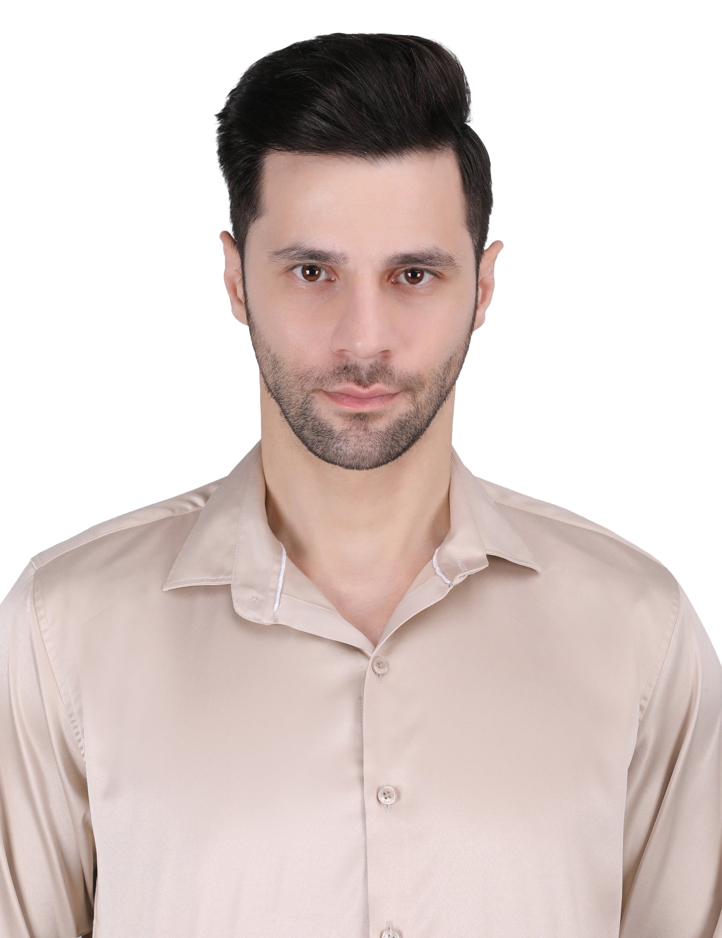Kouns Men’s Premium Light Brown Satin Shirt –Regular Fit, Stylish and Shiny Finish for Party & Casual Wear