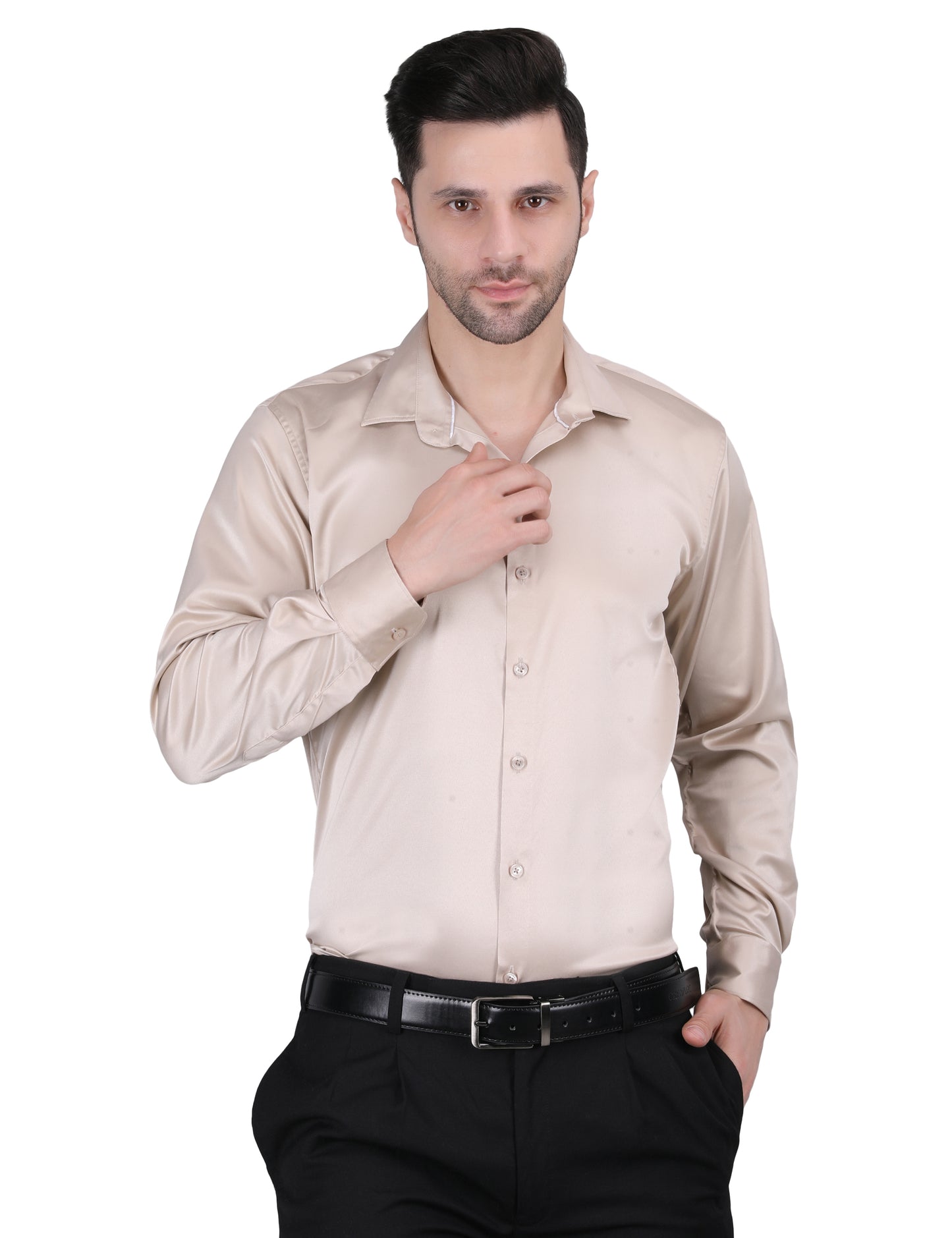Kouns Men’s Premium Light Brown Satin Shirt –Regular Fit, Stylish and Shiny Finish for Party & Casual Wear