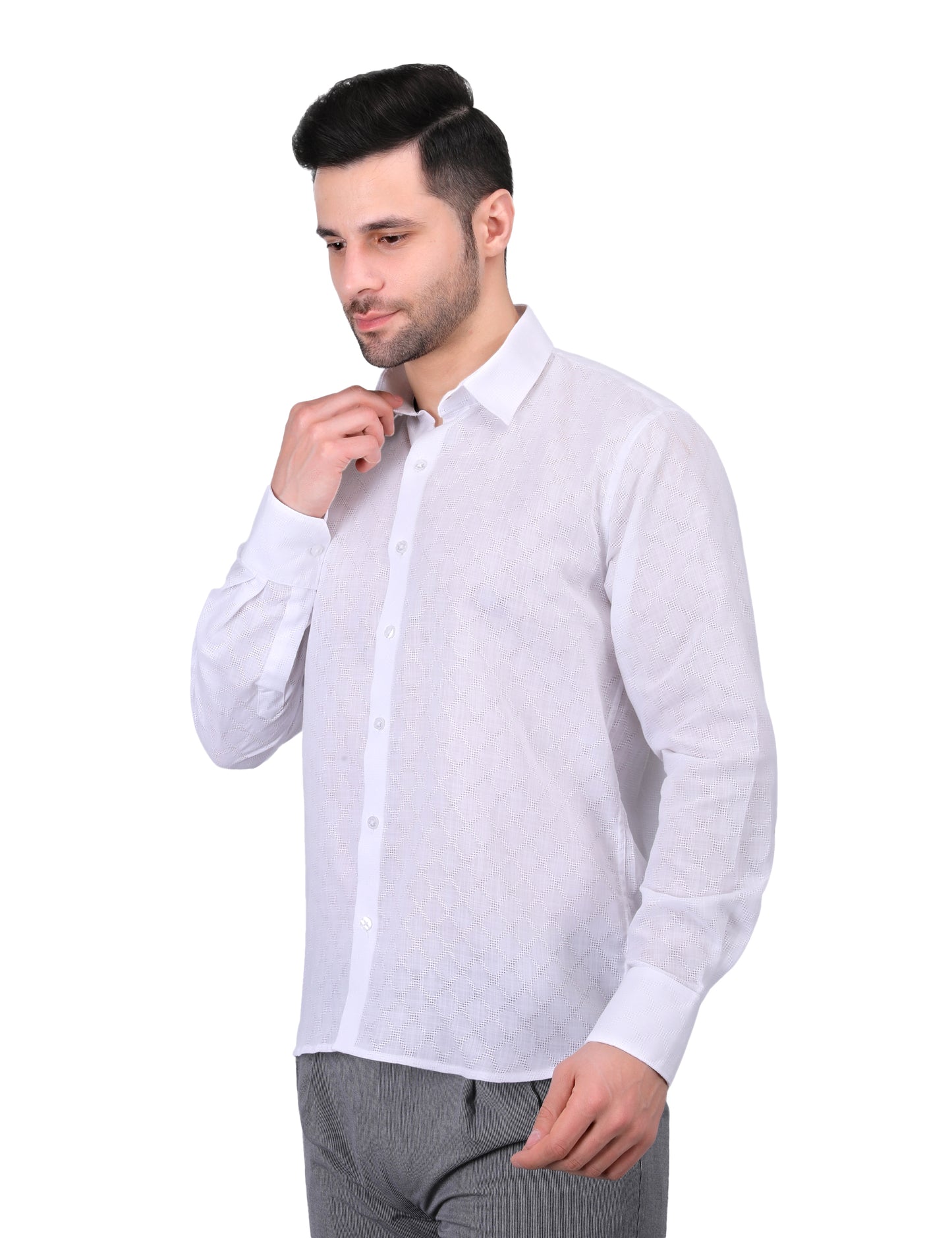 Kouns Premium White Linen Designer Shirt – Regular Fit, Elegant Textured Casual Wear