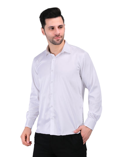 Kouns Men’s Premium White Satin Shirt –Regular Fit, Stylish and Shiny Finish for Party & Casual Wear