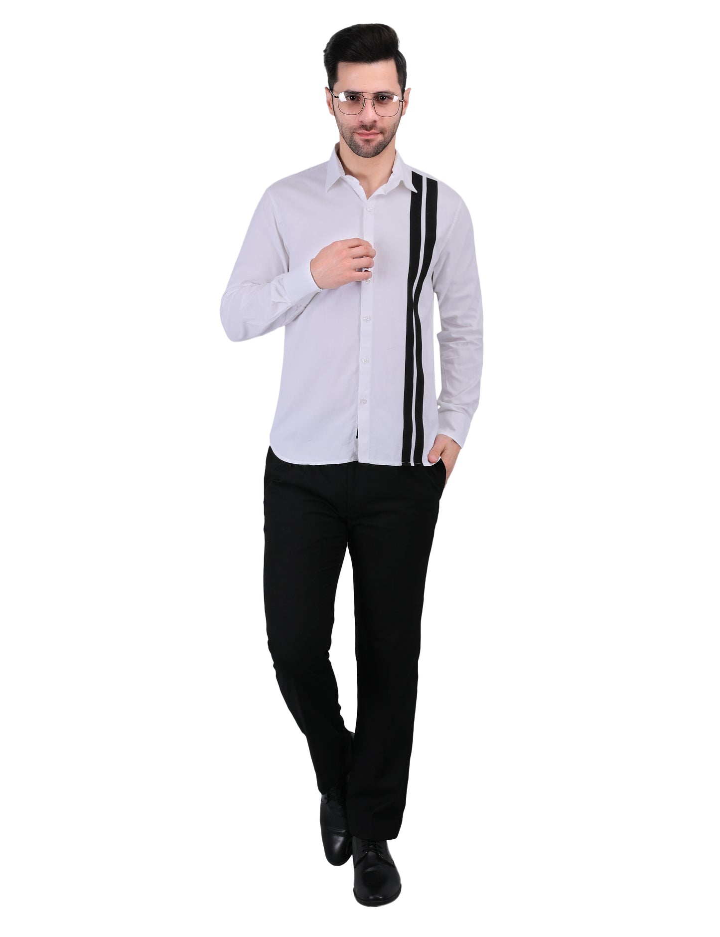 Kouns Men’s Premium Regular Fit White Cotton Designer Shirt – Stripe Detail, Stylish Casual & Party Wear