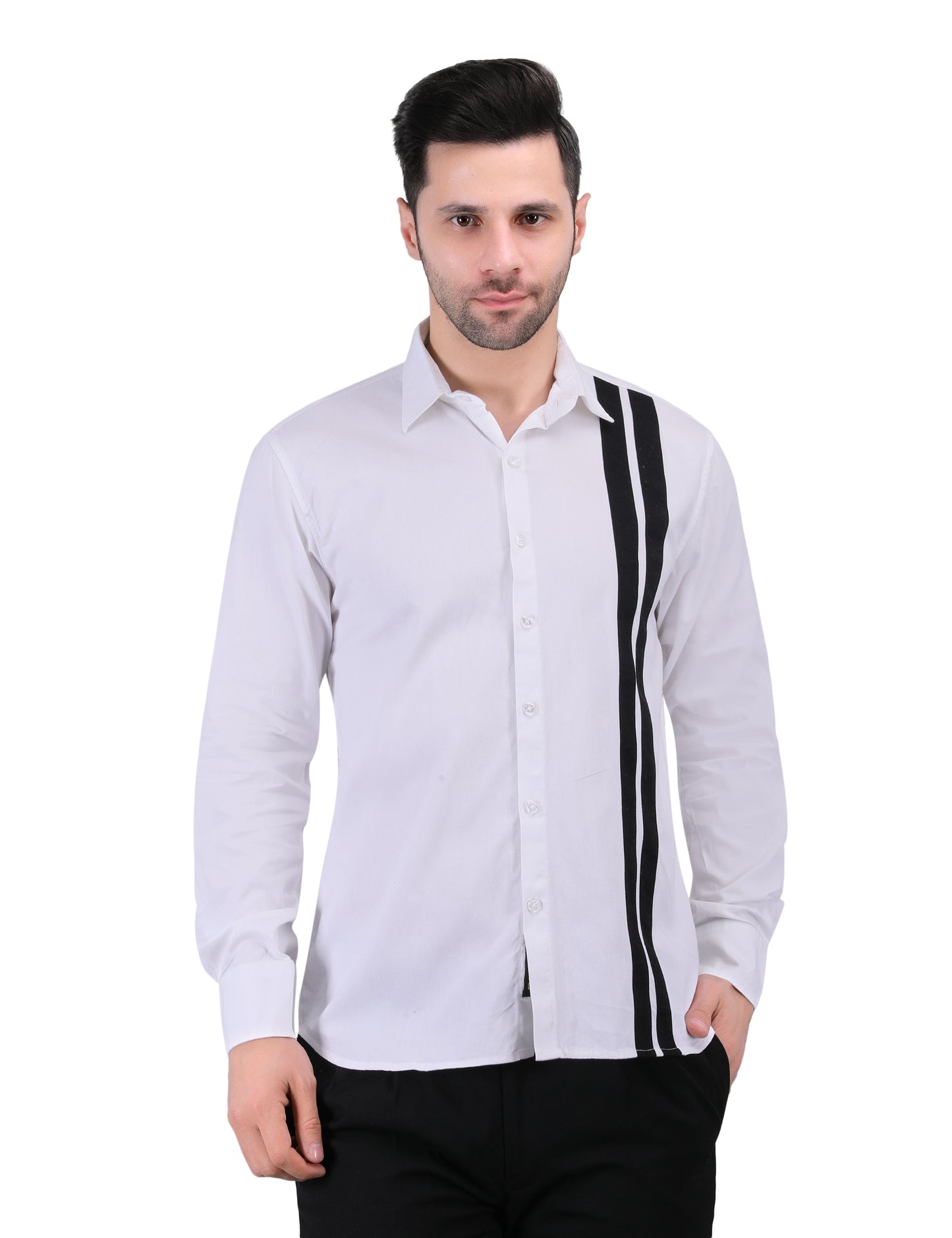 Kouns Men’s Premium Regular Fit White Cotton Designer Shirt – Stripe Detail, Stylish Casual & Party Wear