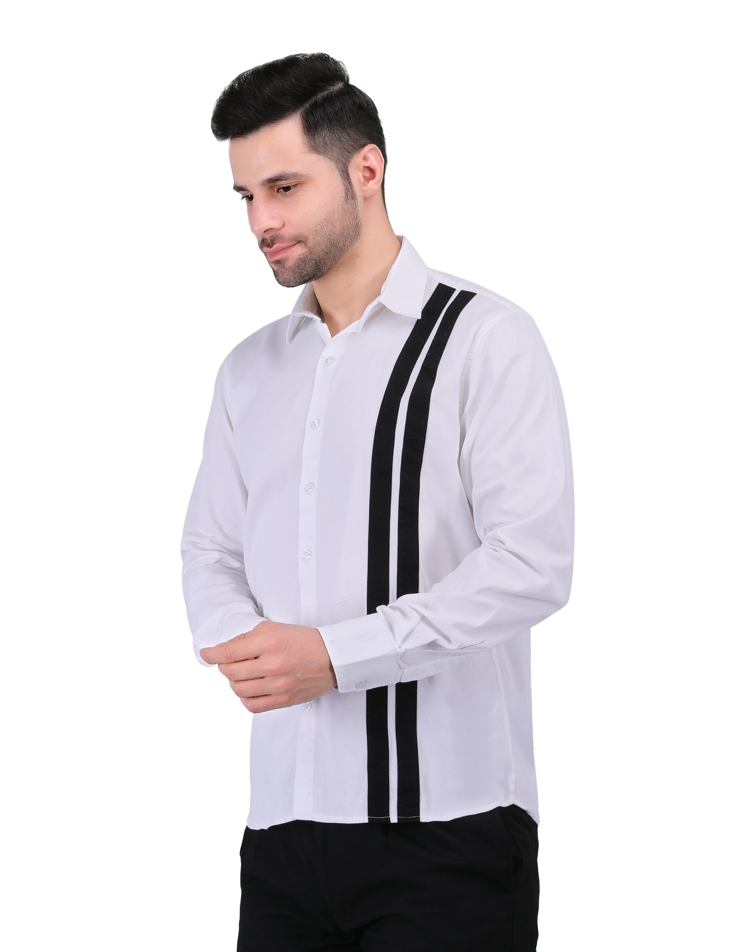 Kouns Men’s Premium Regular Fit White Cotton Designer Shirt – Stripe Detail, Stylish Casual & Party Wear