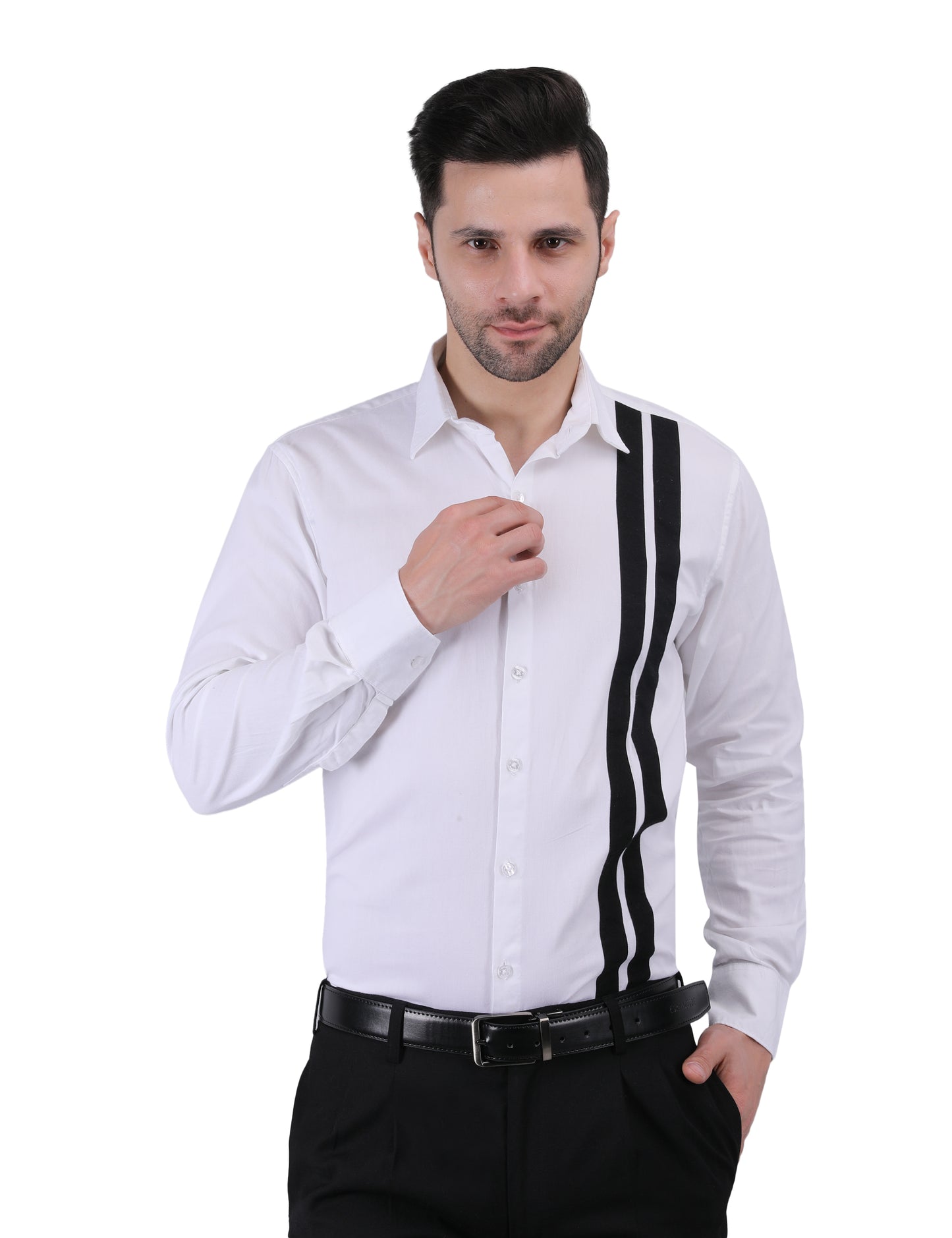 Kouns Men’s Premium Regular Fit White Cotton Designer Shirt – Stripe Detail, Stylish Casual & Party Wear