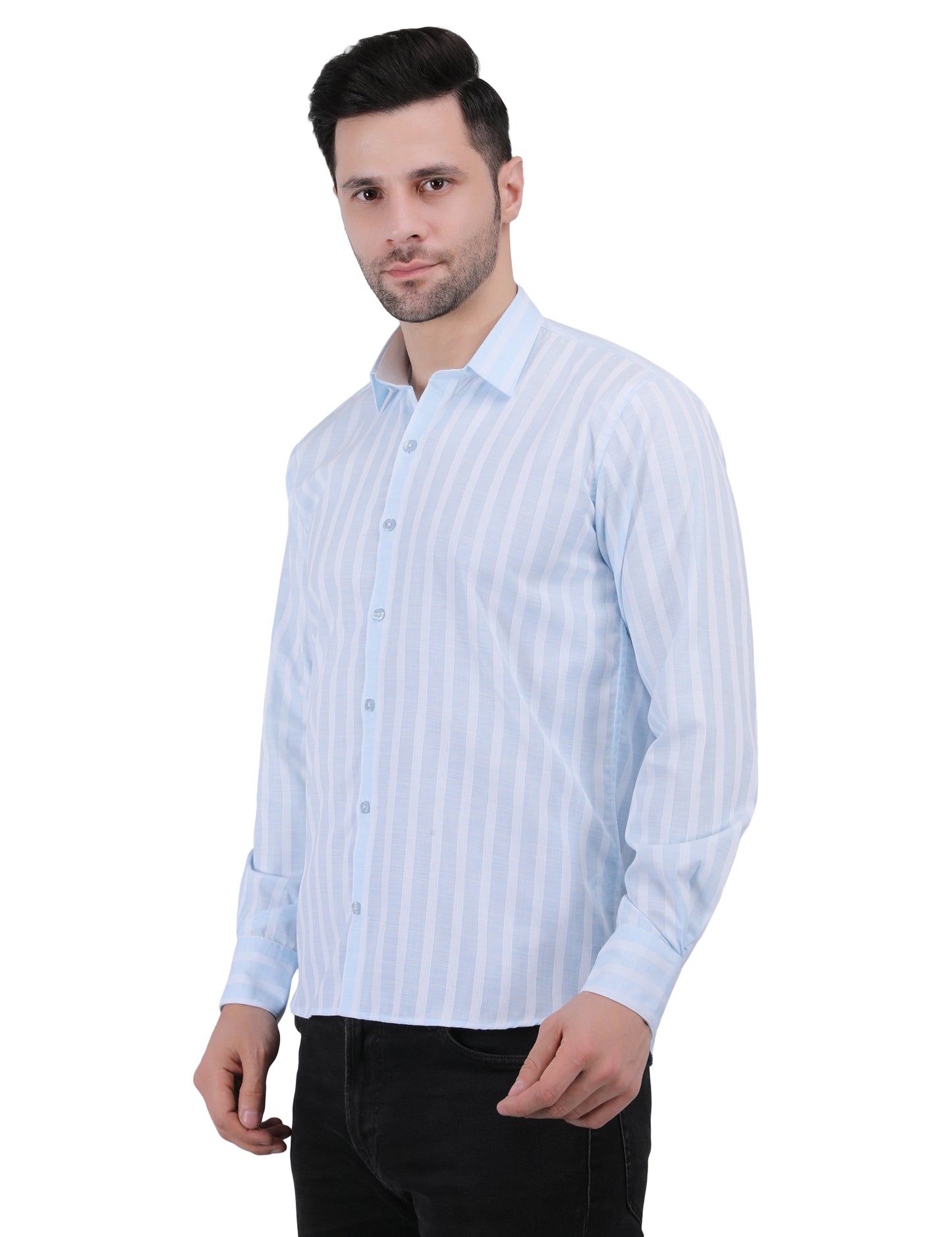 Kouns Men’s Regular Fit Light Blue Striped Linen Shirt – Premium Lightweight Casual & Formal Wear