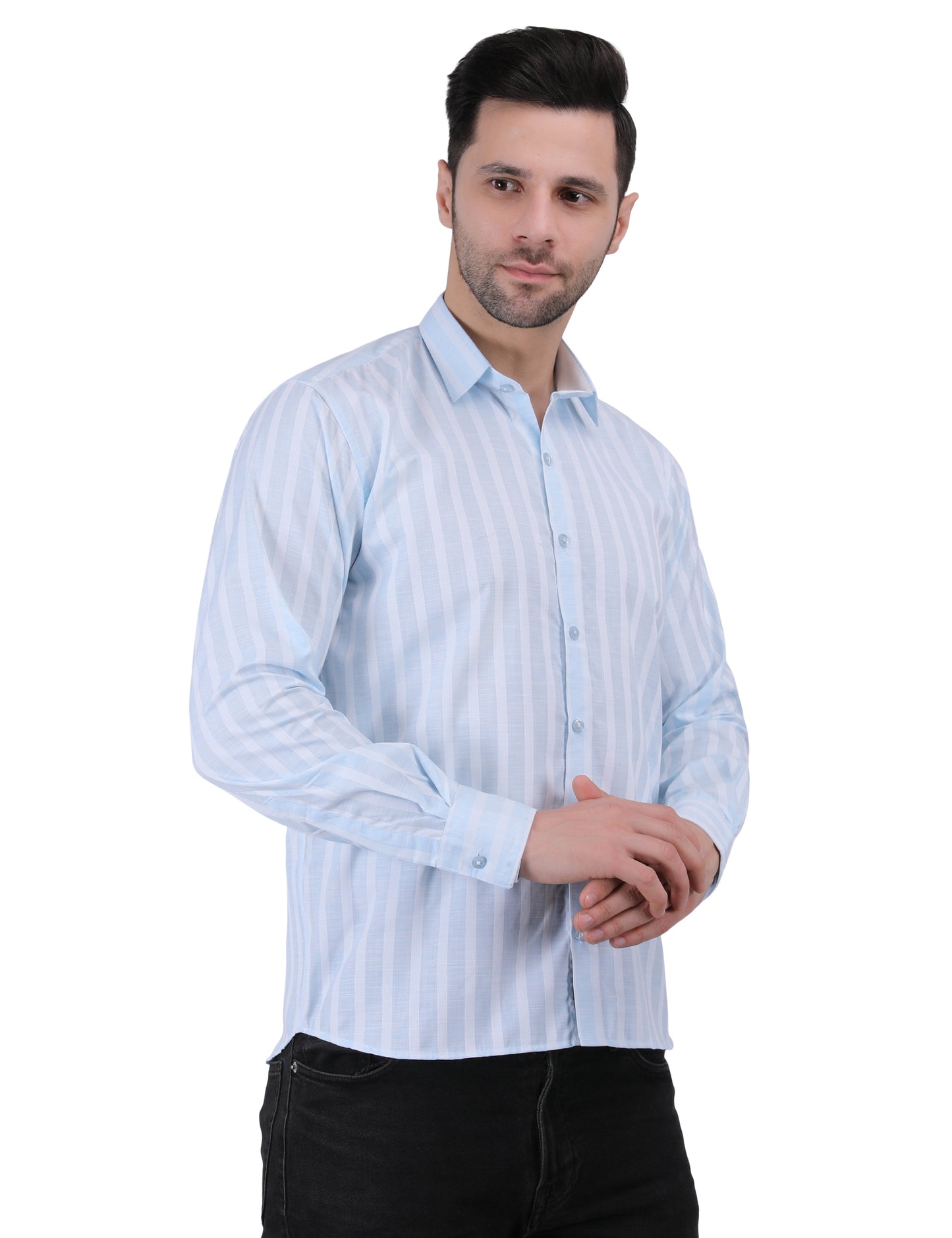 Kouns Men’s Regular Fit Light Blue Striped Linen Shirt – Premium Lightweight Casual & Formal Wear