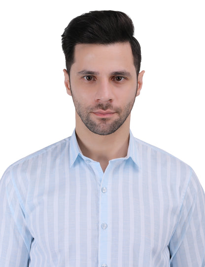 Kouns Men’s Regular Fit Light Blue Striped Linen Shirt – Premium Lightweight Casual & Formal Wear